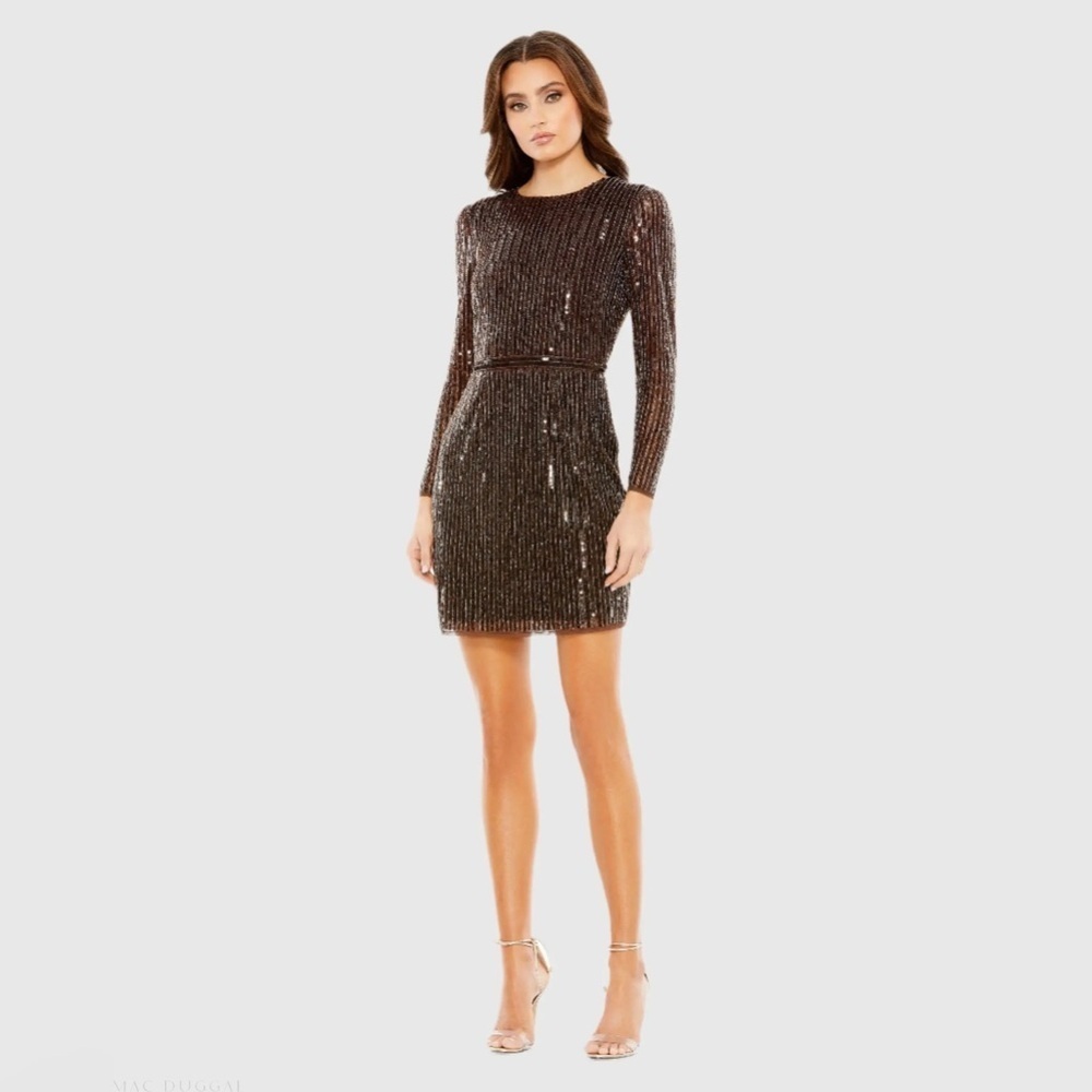 Mac Duggal 93625 NWOT Brown Long Sleeve Sequin Mini Dress